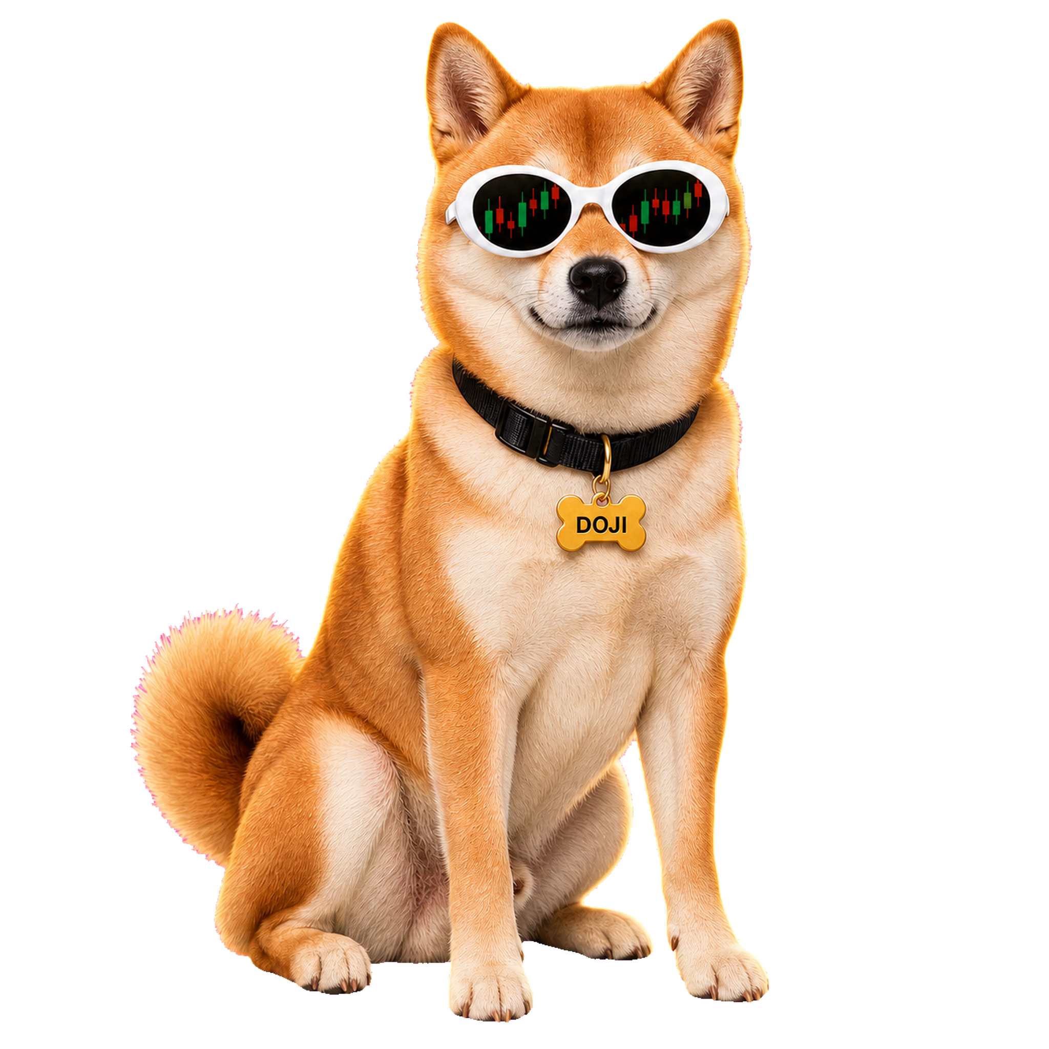 $doji, a Shiba Inu wearing white sunglasses and a gold DOJI tag